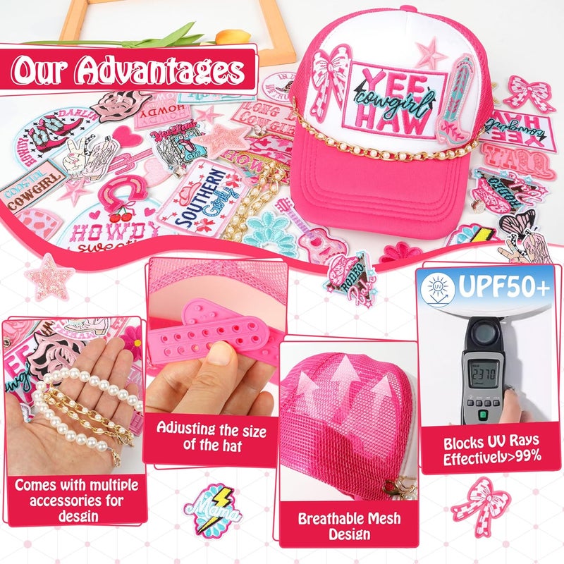 Meneng Women Trucker Hat Bulk: Western Adjustable Snapback Caps - Cowgirl DIY Hat Kit with Chains & Embroidered Patches - Image 4